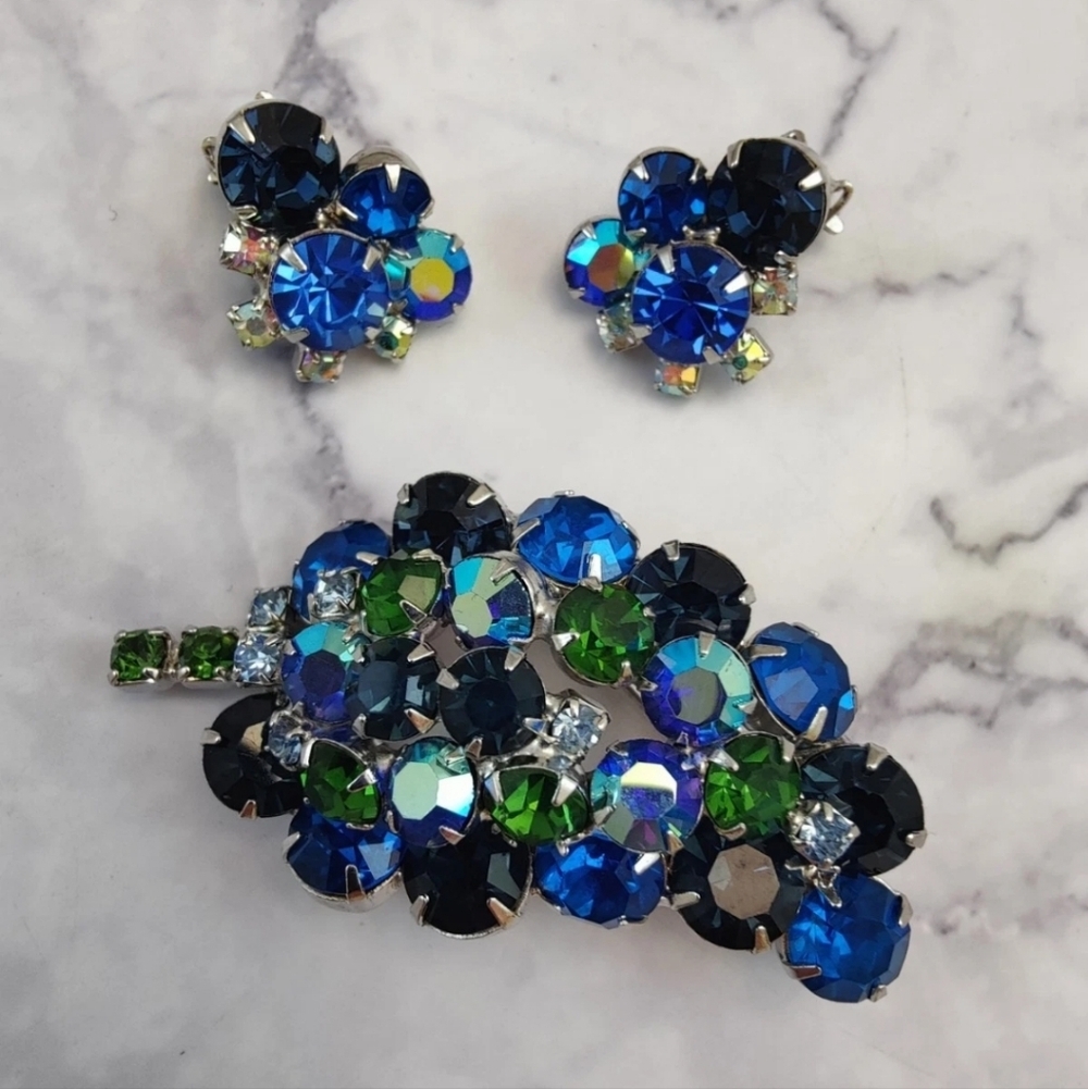 Austrian-Style Rhinestone Brooch & Clip Earring Set Blues, Green, AB Vintage